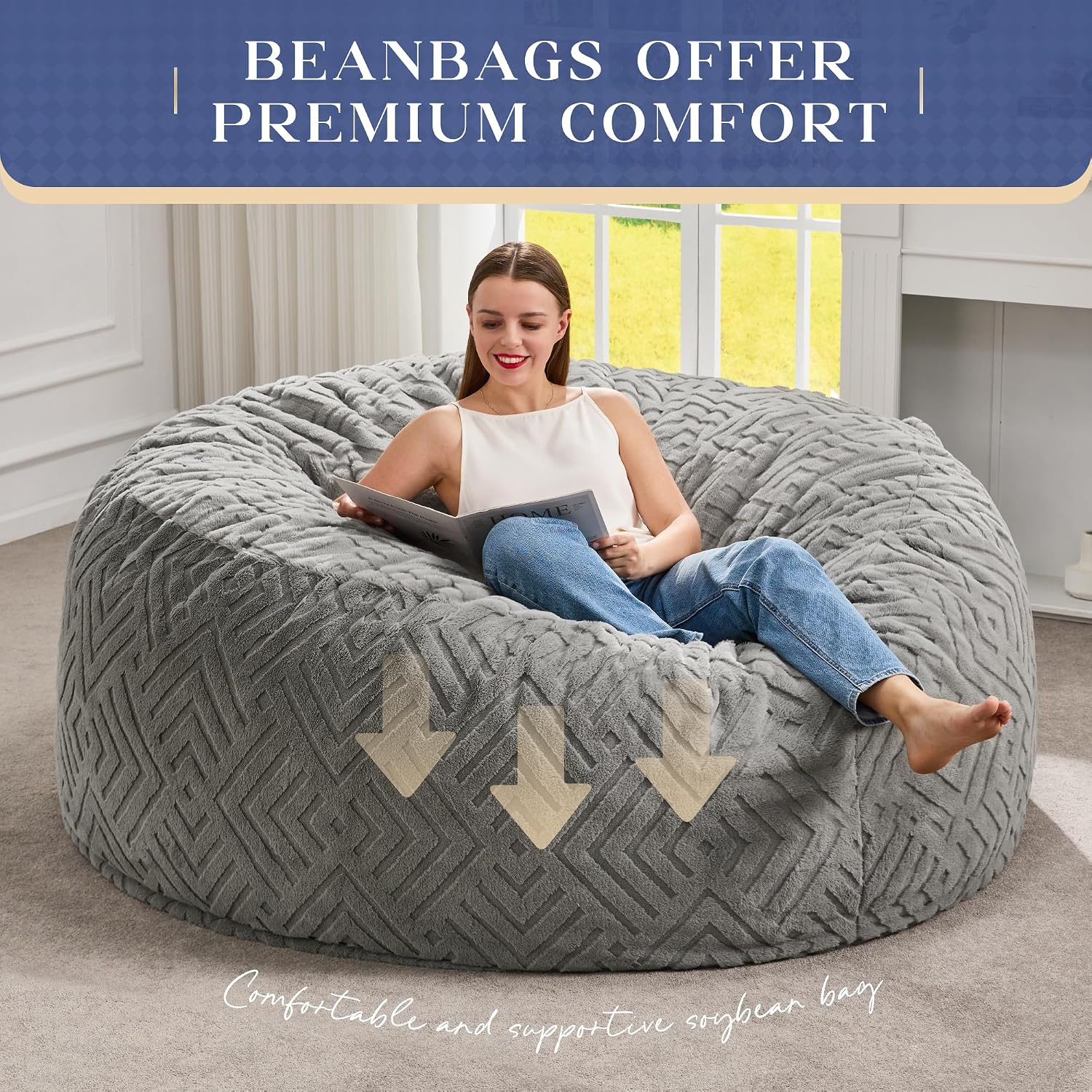 Hobestluk Bean Bag Chairs Adults Beanbag Chair with Filler Large Bean Bags with Fluffy Embossed Cover, Giant Bean Bag Chairs for Adults (Grey, 5FT - 50' x 50' x 24')