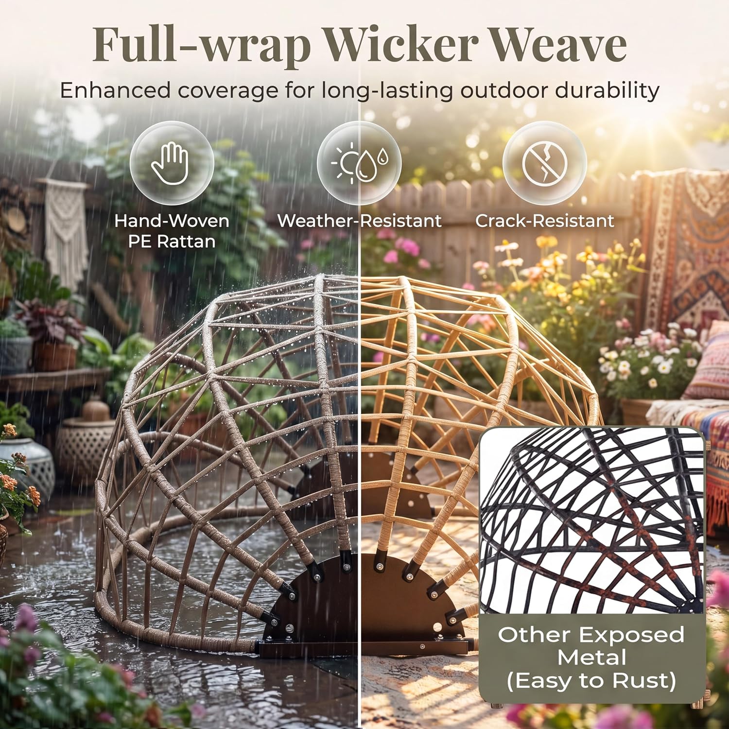 RADIATA 2 Person Hanging Egg Chair with Stand, Outdoor Double Egg Chair Swing with Foldable Basket, XL Wicker Double Egg Swing Chair with Thick Cushions for Patio Backyard Porch Balcony Deck, Beige