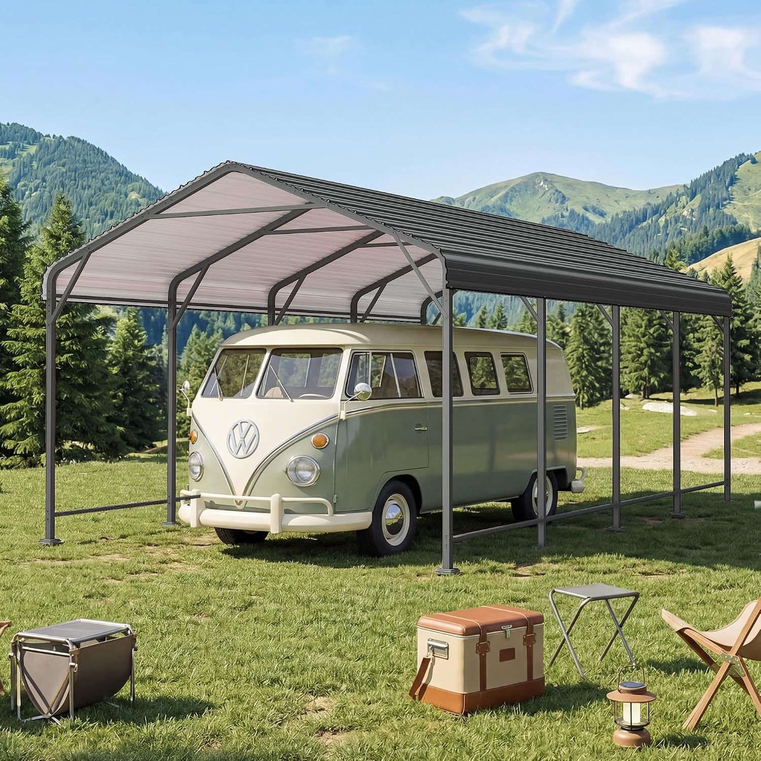 12x20FT Metal Carport, Heavy Duty Carport Canopy with Reinforced Frame and Base for All-Weather, Outdoor Garage Car Port for Pickup Trucks, Boats, Tractors or Party