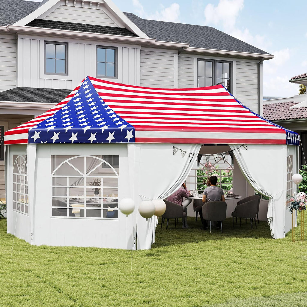 Outsunny 22.3 x 16.4 ft Party Tent, Heavy Duty Event Tent with Sidewalls, 2 Doors and 6 Windows, Outdoor Gazebo Shelter for Wedding, Party, American Flag