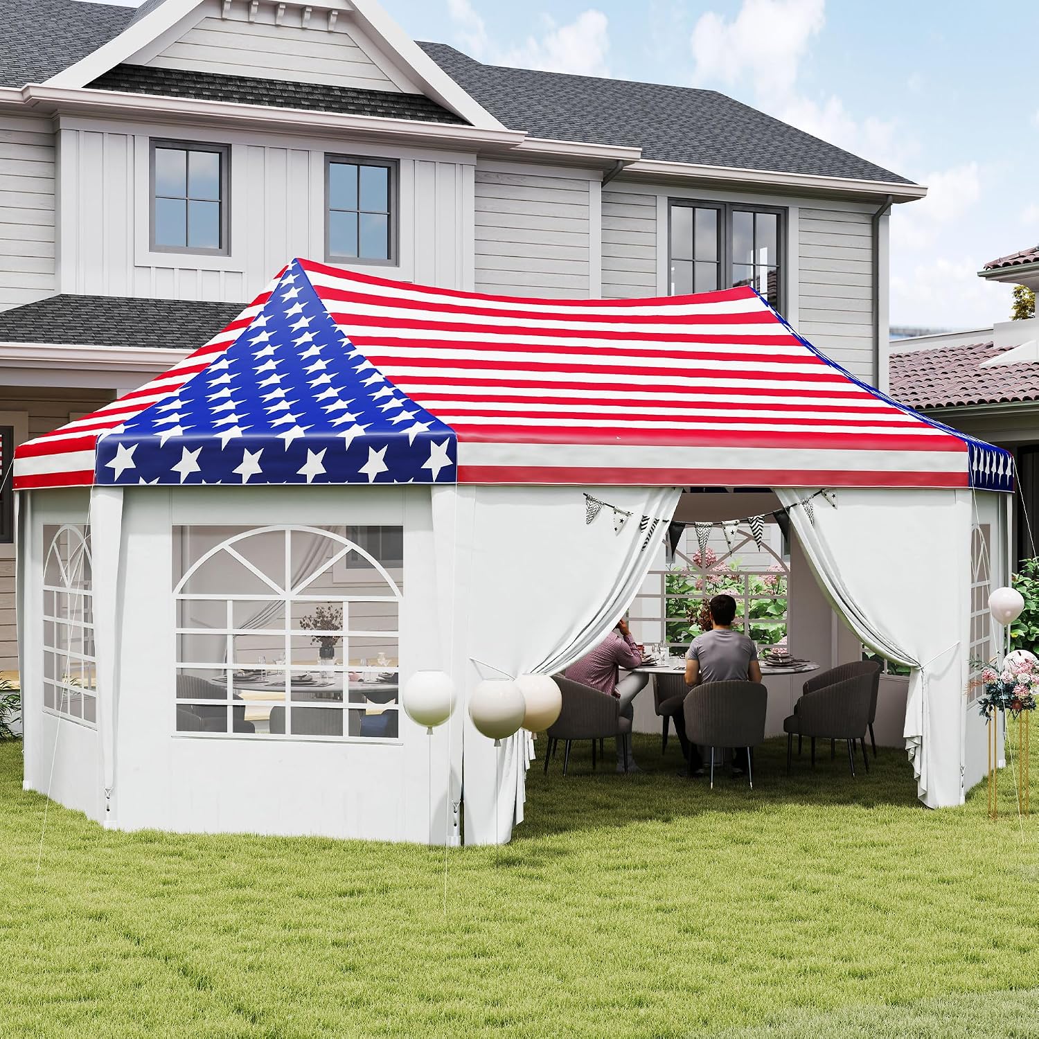 Outsunny 22.3 x 16.4 ft Party Tent, Heavy Duty Event Tent with Sidewalls, 2 Doors and 6 Windows, Outdoor Gazebo Shelter for Wedding, Party, American Flag