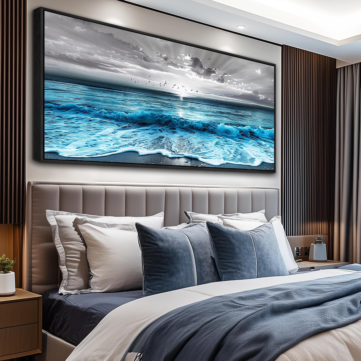 ERQINHUA Large Canvas Black Frame Wall Decor For Living Room Blue Sea Wave Ocean Painting Wall Art For Bedroom Office Dining room Decorations Beach Artworks Wall Pictures Modern Home Decor 32x72 In