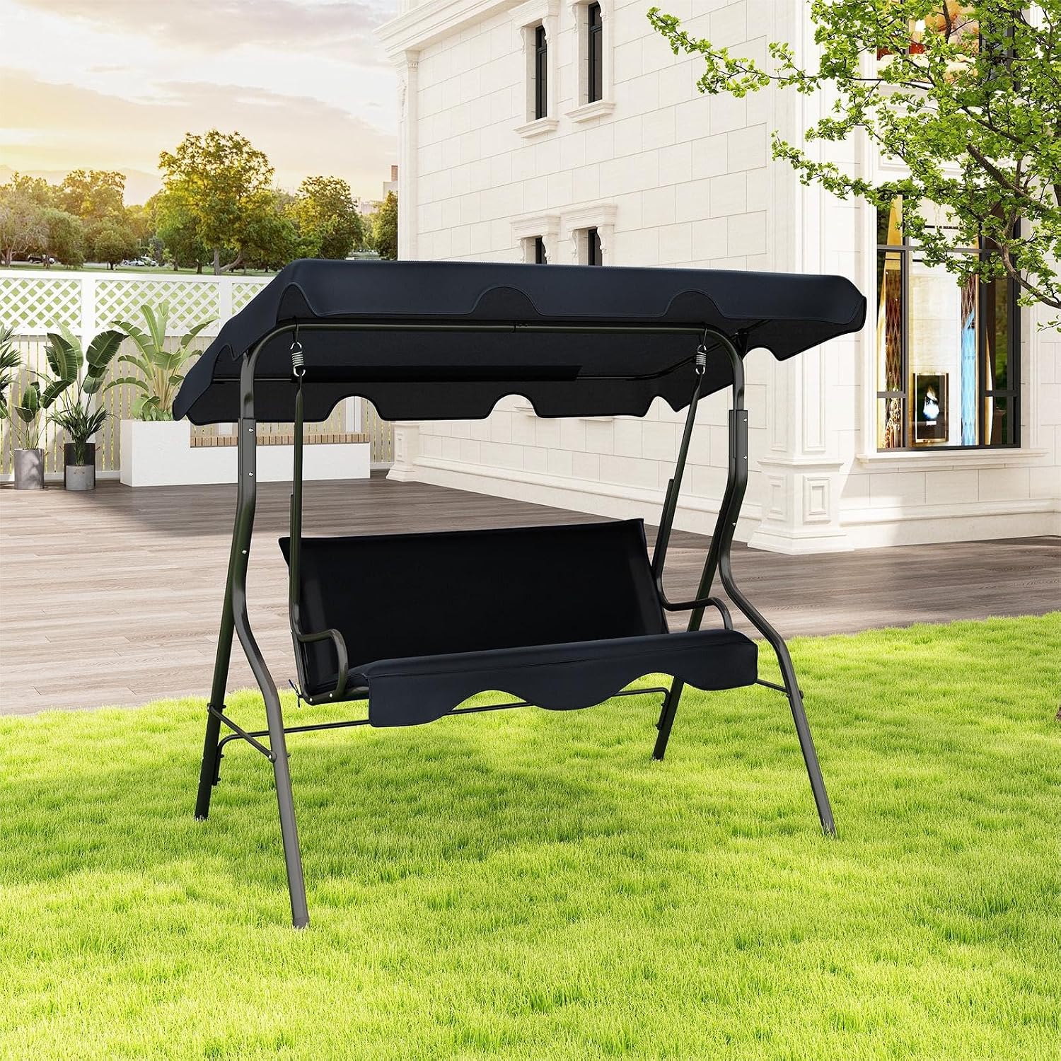 DREAMADE Porch Swing Outdoor, 3 Person Patio Swing w/Removable Cushion, Stand & Adjustable Canopy, Heavy Duty Swing Chair for Patio, Garden, Courtyard, Poolside