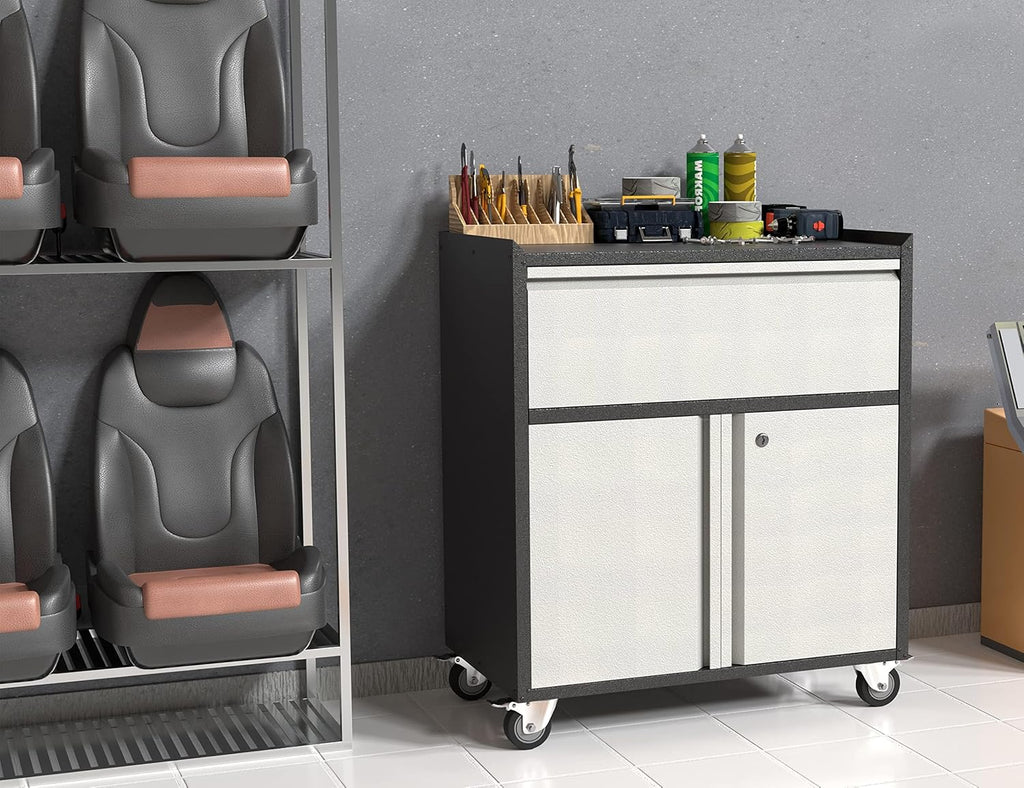 35.43' H Metal Storage Cabinet on Wheels,Lockable Rolling Garage Storage Cabinet with 1 Drawer & 2 Doors,Mobile Tool Cabinets for Home Office,Basement,Shop