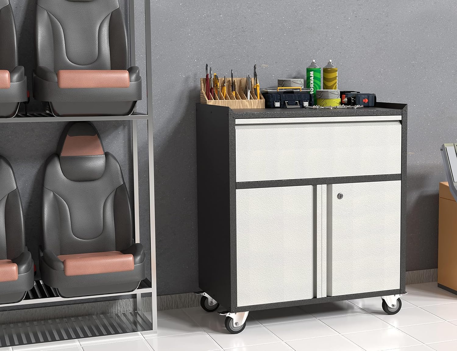 35.43' H Metal Storage Cabinet on Wheels,Lockable Rolling Garage Storage Cabinet with 1 Drawer & 2 Doors,Mobile Tool Cabinets for Home Office,Basement,Shop