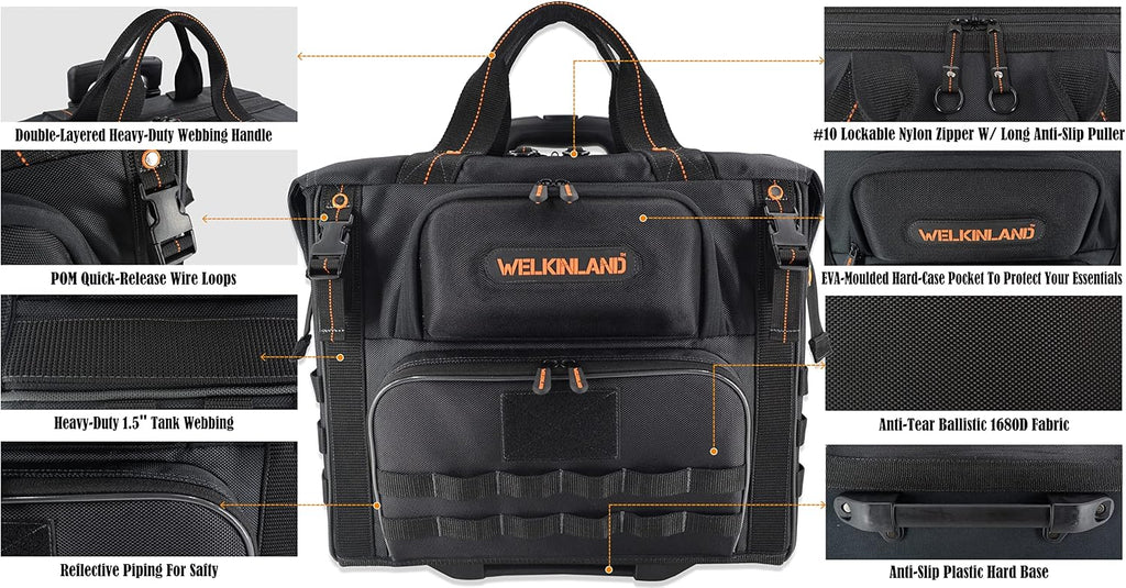 WELKINLAND 46Pockets-26' Rolling tool bag, Tools bag with wheels, Rolling tote bag, Tool tote, HVAC tools bags, Electrician tool bag, Tool bag organizer, Tool bags for men