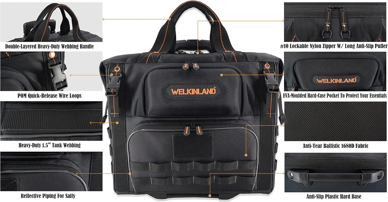WELKINLAND 46Pockets-26' Rolling tool bag, Tools bag with wheels, Rolling tote bag, Tool tote, HVAC tools bags, Electrician tool bag, Tool bag organizer, Tool bags for men