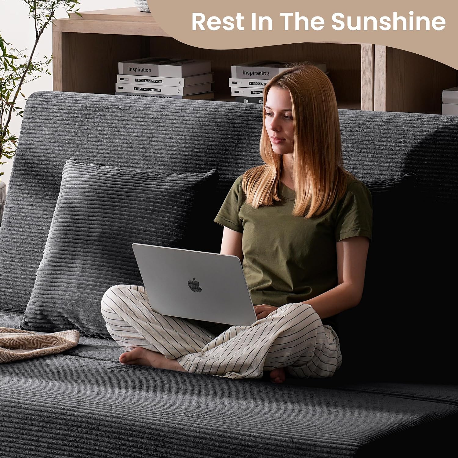 Folding Sofa Bed, Convertible Sleeper Chair with Pillows, High Support Memory Foam & Soft Corduroy Fbric, Comfy Couch Bed, Floor Loveseat Couch for Living Room, Apartment, Guest Room,Black