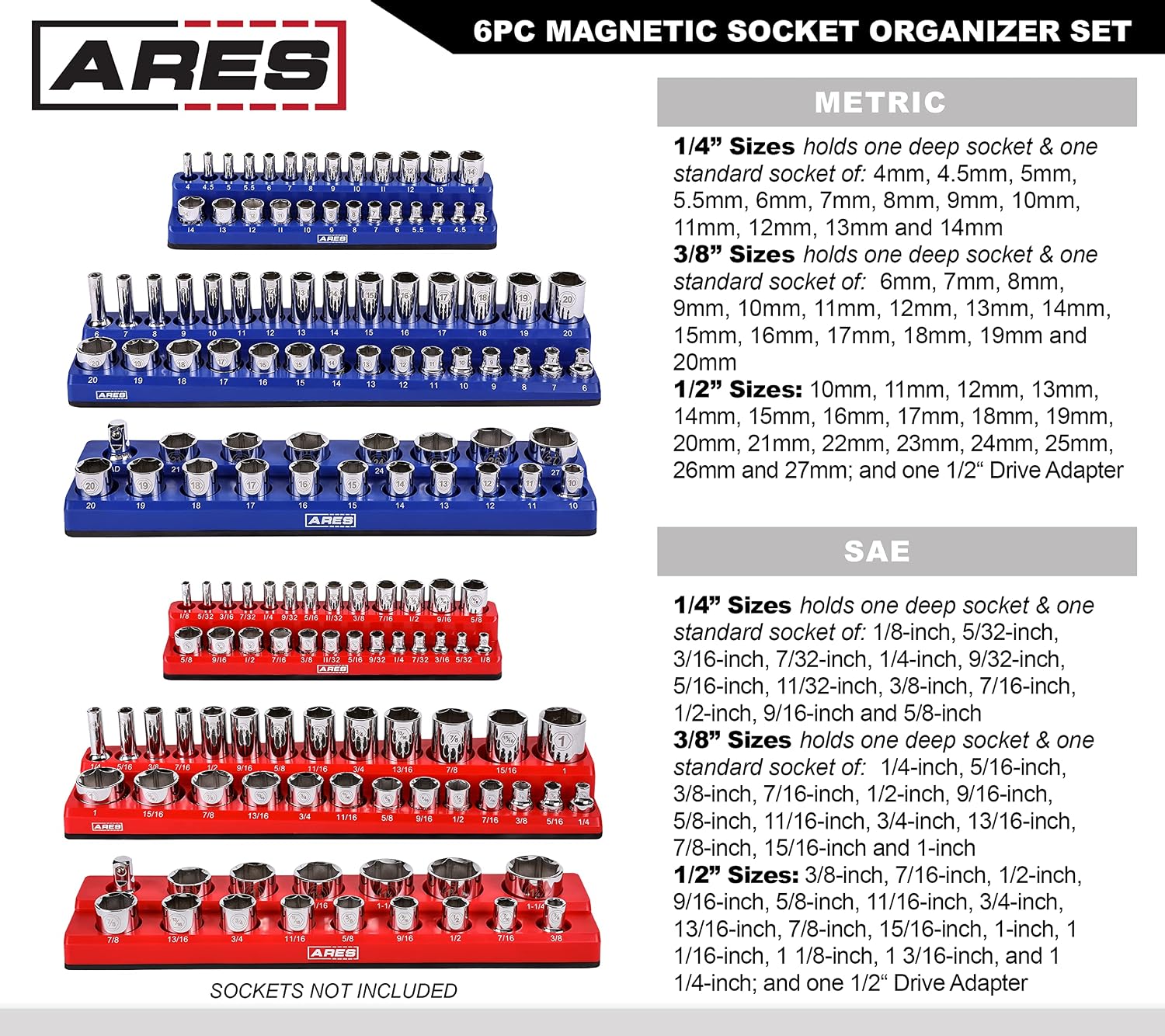 ARES 60058-6-Piece Magnetic Socket Organizers - Metric and SAE Set Blue and Red -1/4 in, 3/8 in, 1/2 in Socket Holders -143 Pieces of Standard (Shallow) and Deep Sockets -Organize Your Tool Box