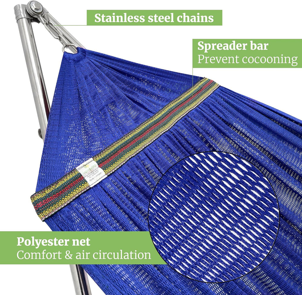 Tranquillo Double Hammock with Stand 650lb Capacity Double Hammock with Spreader Bar, Solid Grade 201 Stainless Steel 30s Set Up, Sturdy Flexible Hammock Stand Portable (Blue)
