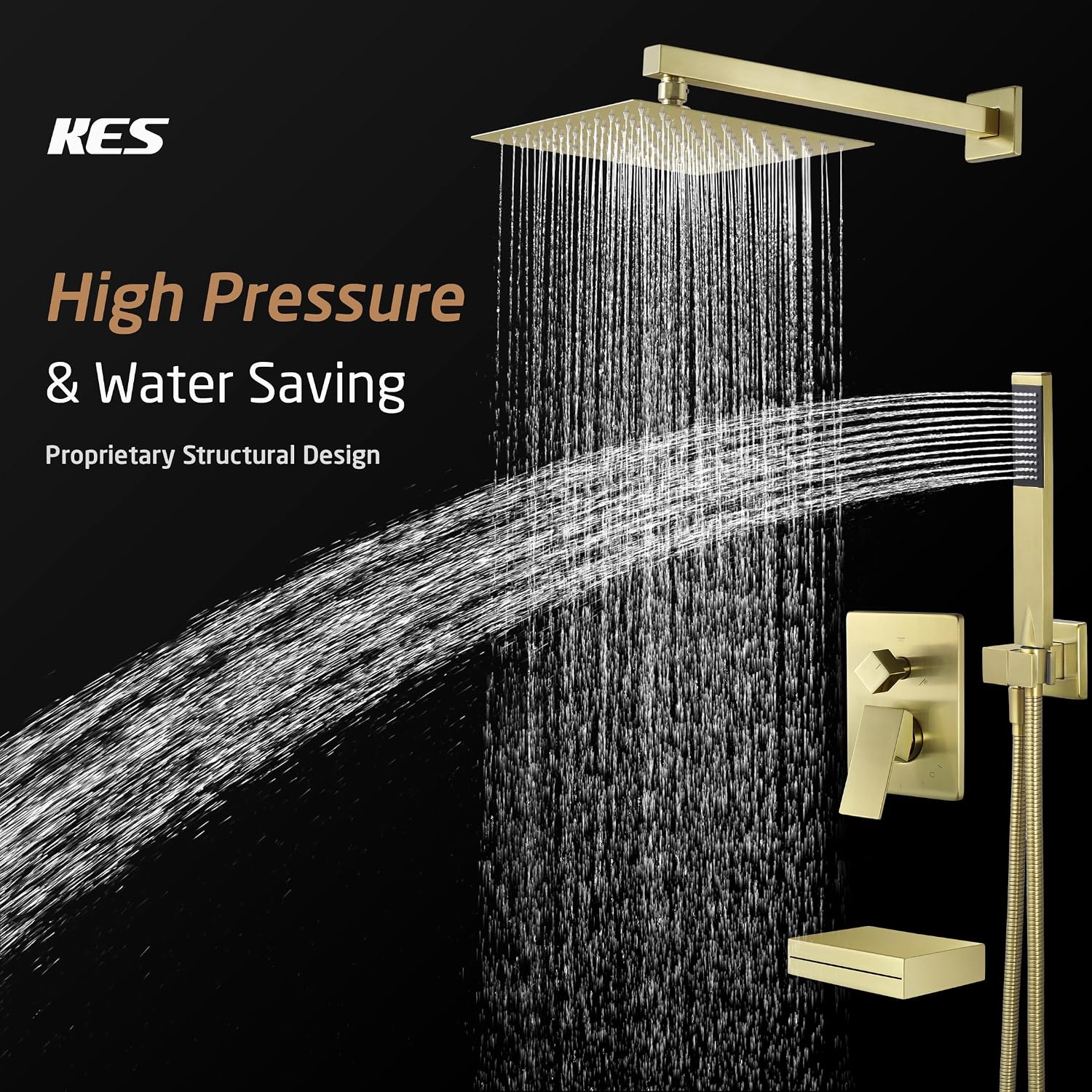 KES Brushed Gold Shower System with Tub Spout, Pressure Balanced Bath Tub Shower Faucet Set Complete with Valve, Shower System with Rain Shower Head with Handheld, XB6305F18-BZ