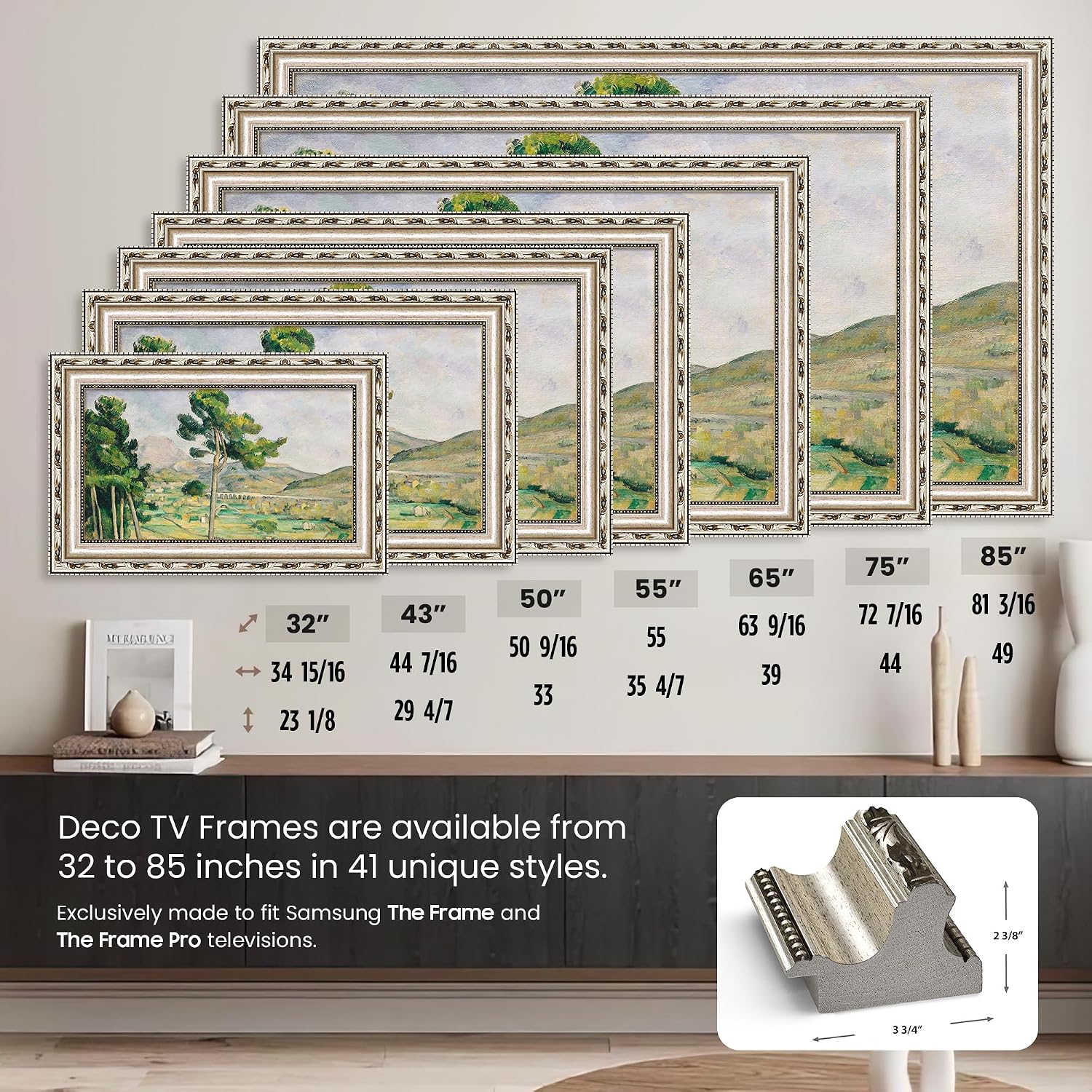Ornate Silver 85' Premiere Deco TV Frame - Compatible ONLY with Samsung The Frame TV and Pro TVs (Fits 2021-2026, LS03A, LS03B,LS03C,LS03D,LS03FA,LS03FW)
