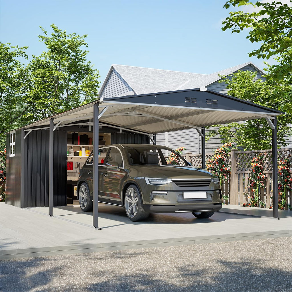 KEIKI 12x23 FT Heavy Duty Metal Carport with Storage Shed, Steel Garage Shelter with Sliding Door, Waterproof Sloped Roof, UV Protection Panels, Outdoor Car Canopy for Car, Boat, Tractor