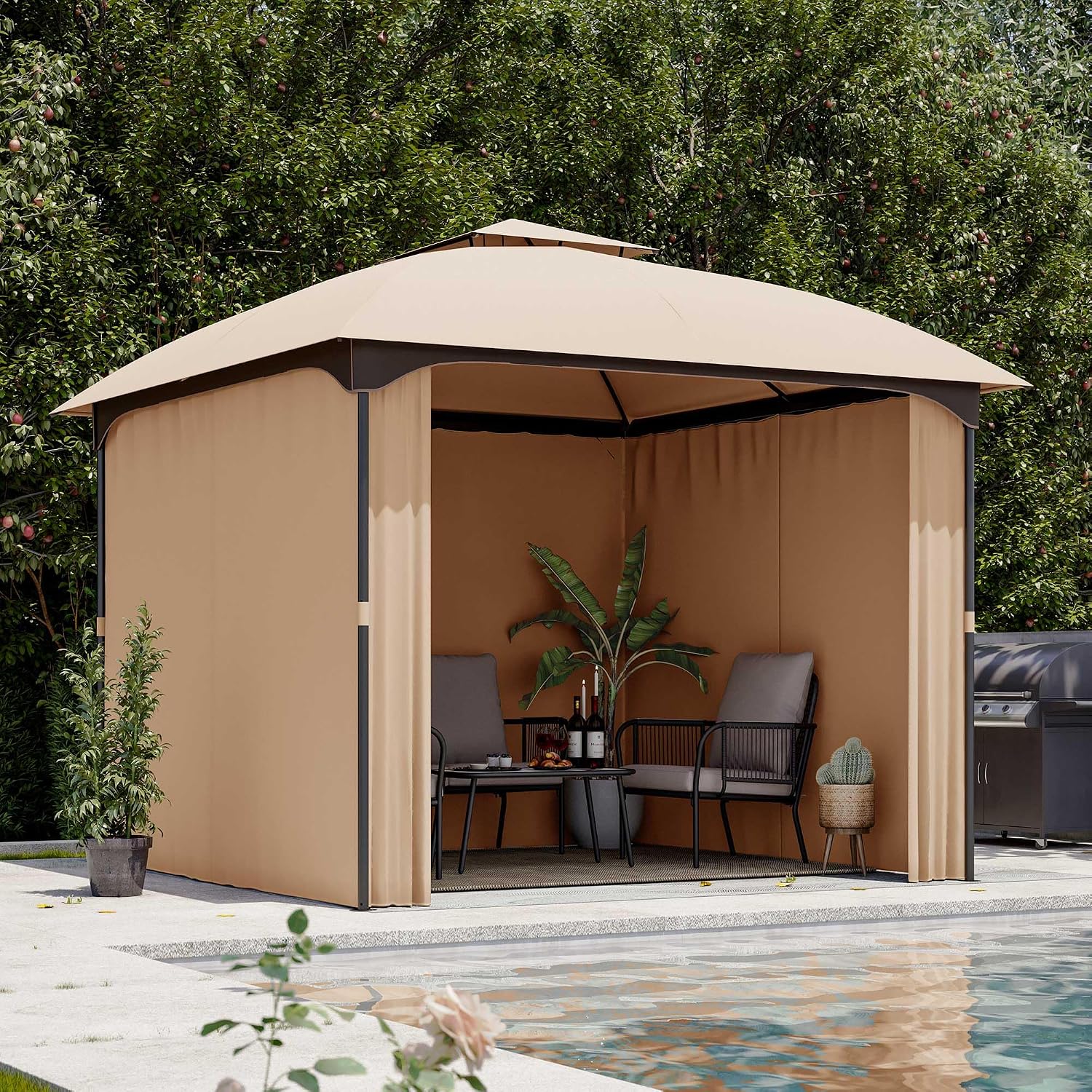 LAUSAINT HOME 10x10 Patio Arc Gazebo Outdoor Canopy Tent with Curtains, Soft Top Party Shelter with Expansion Bolts and Wind-Resistant Ropes for Backyard, Garden, Lawn, Deck, Khaki