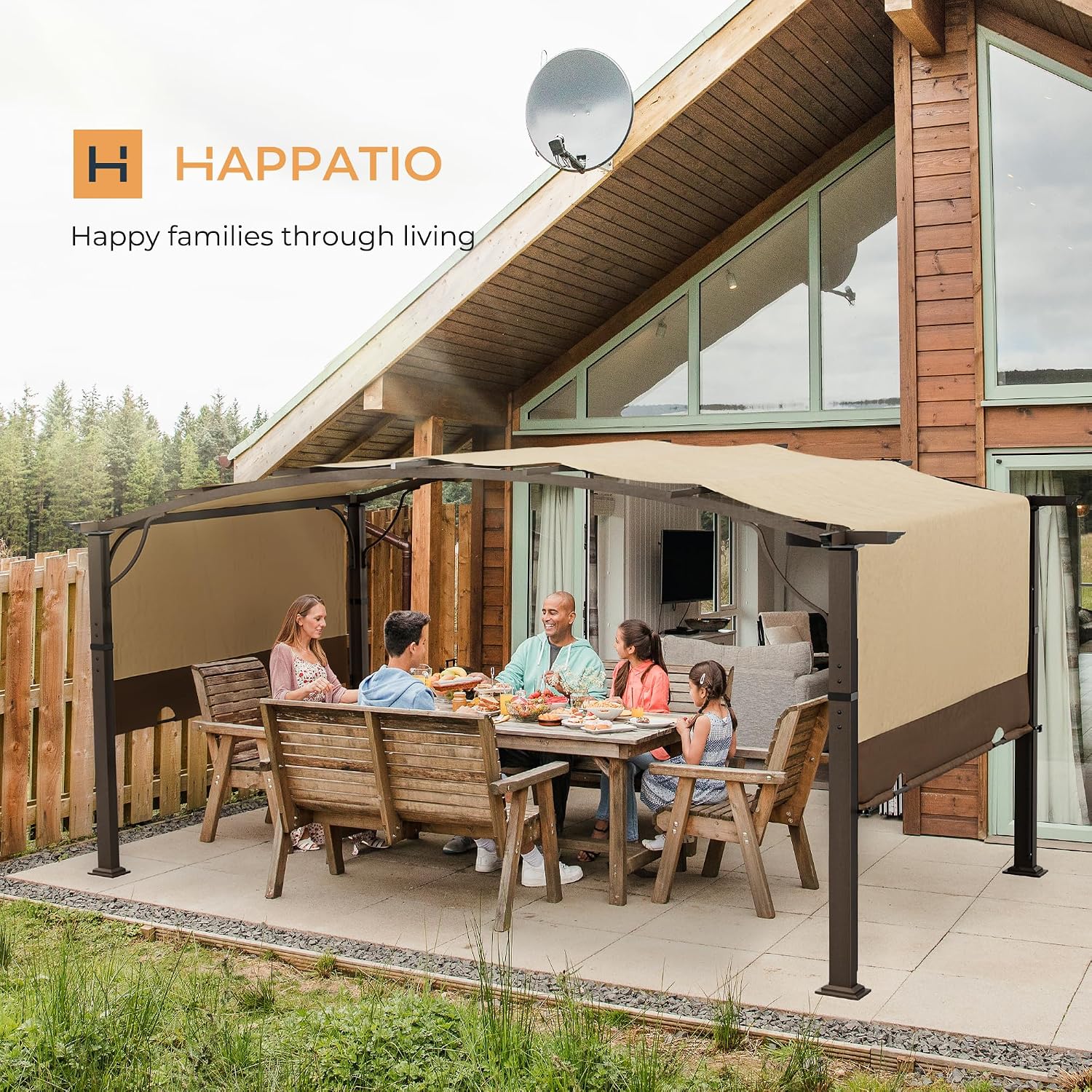 HAPPATIO 10' x13' Outdoor Retractable Pergola, Aluminum Pergola with Canopy Fixed in Various Positions, Arched Patio Top with Sun Shade Canopy Metal Frame for Backyards, Gardens, Patios (Brown)