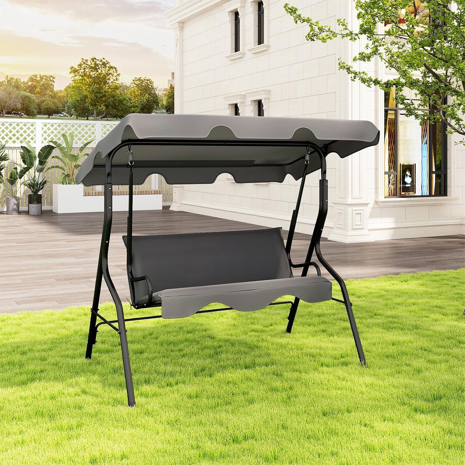 DREAMADE Porch Swing Outdoor, 3 Person Patio Swing w/Removable Cushion, Stand & Adjustable Canopy, Heavy Duty Swing Chair for Patio, Garden, Courtyard, Poolside