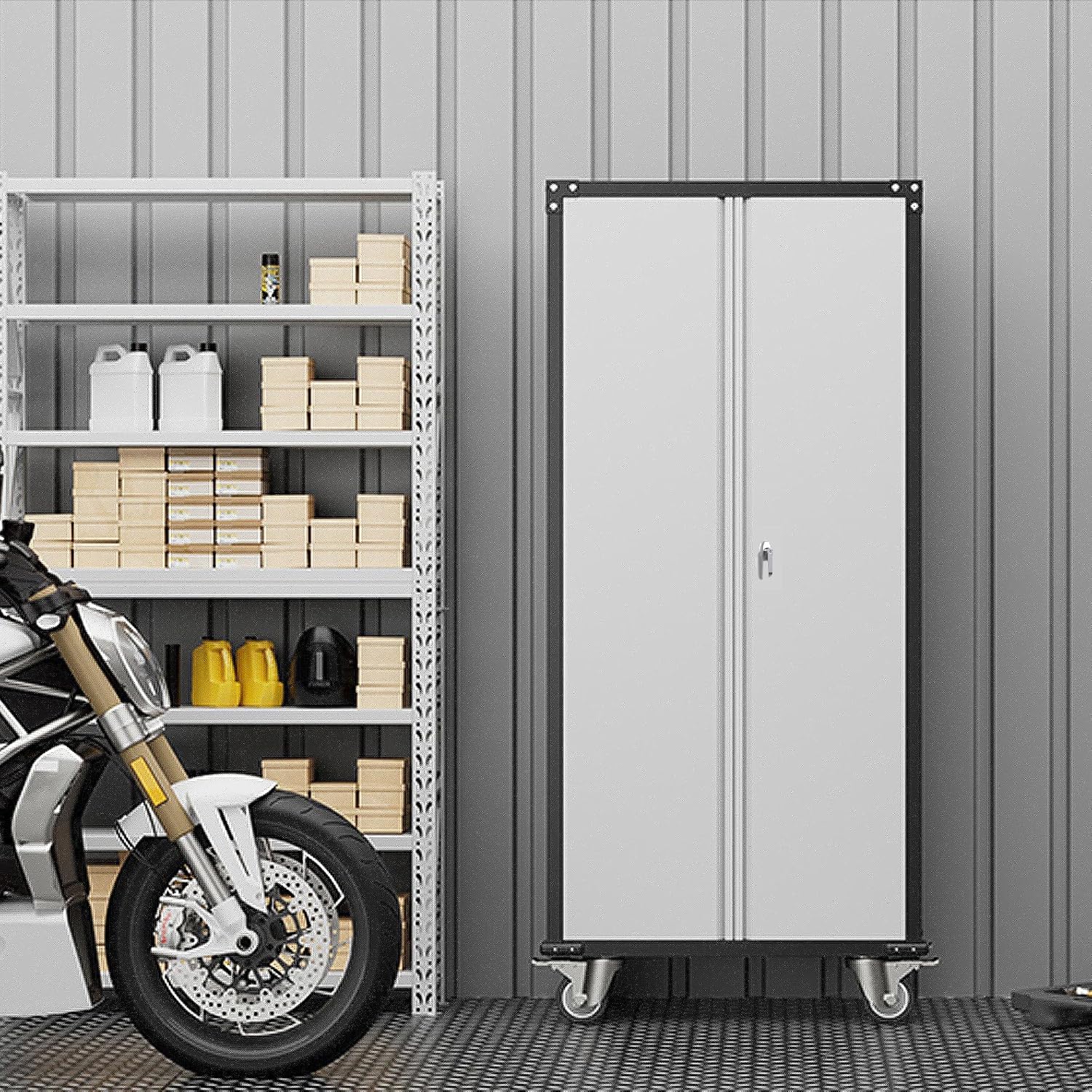 71'' Locking Metal Cabinet with 2 Door and 4 Adjustable Shelves, Lockable Garage Storage Cabinet on Wheels, Rolling Tool Cabinets for Utility Room, Home Office, Assembly Required
