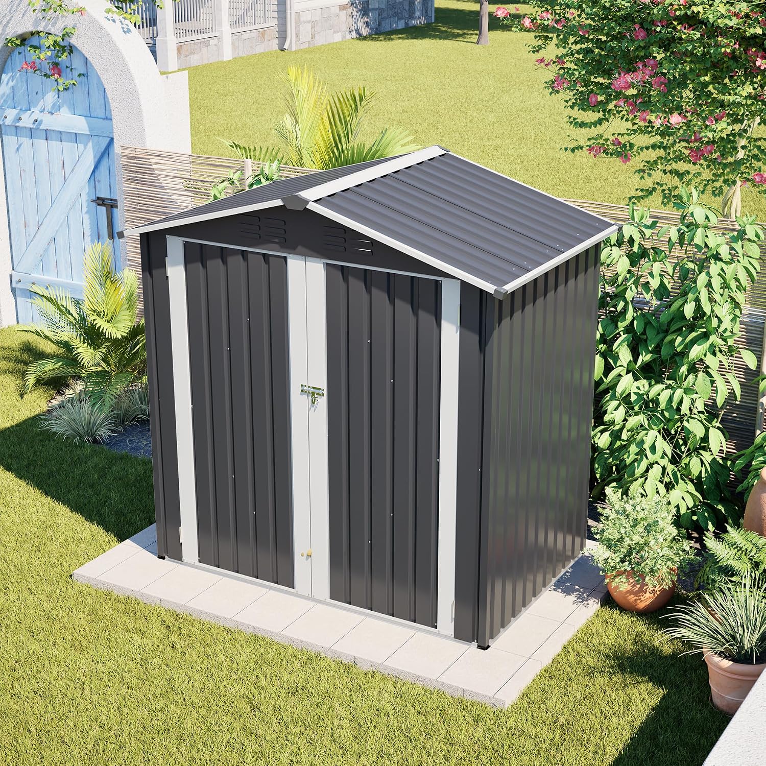 6 x 4 FT Metal Outdoor Storage Shed,Backyard Garden Tool Shed– Lockable Door, Waterproof Sloped Roof, Reinforced Galvanized-Steel Frame, Multi-Purpose Garden Shed for Backyard, Patio & Lawn