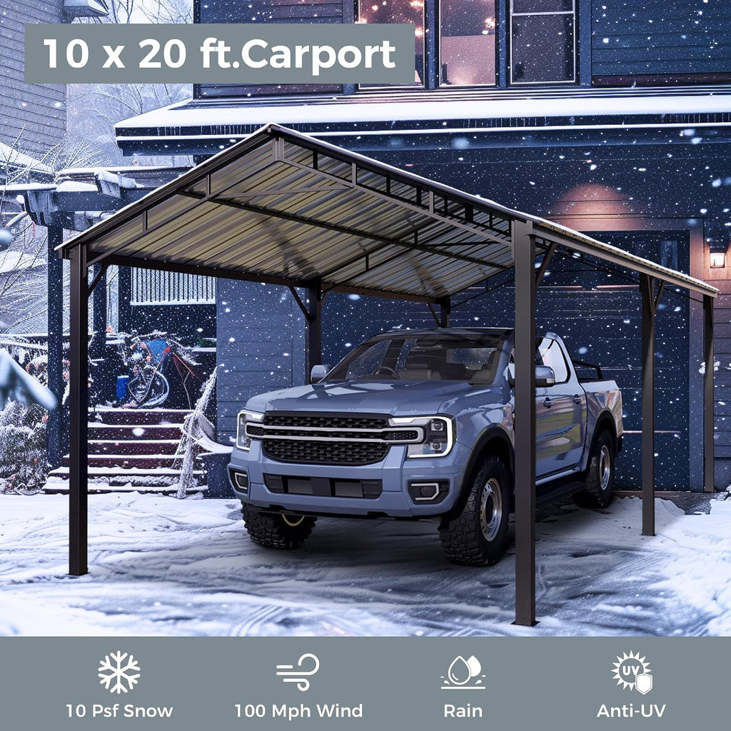 GREEN PARTY 10 x 20 ft Metal Carport Kits with Galvanized Steel Roof, Heavy Duty Metal Carport Canopy, Outdoor Car Tent Metal Garage Shelter for Car, SUV, Truck and Boats, Grey