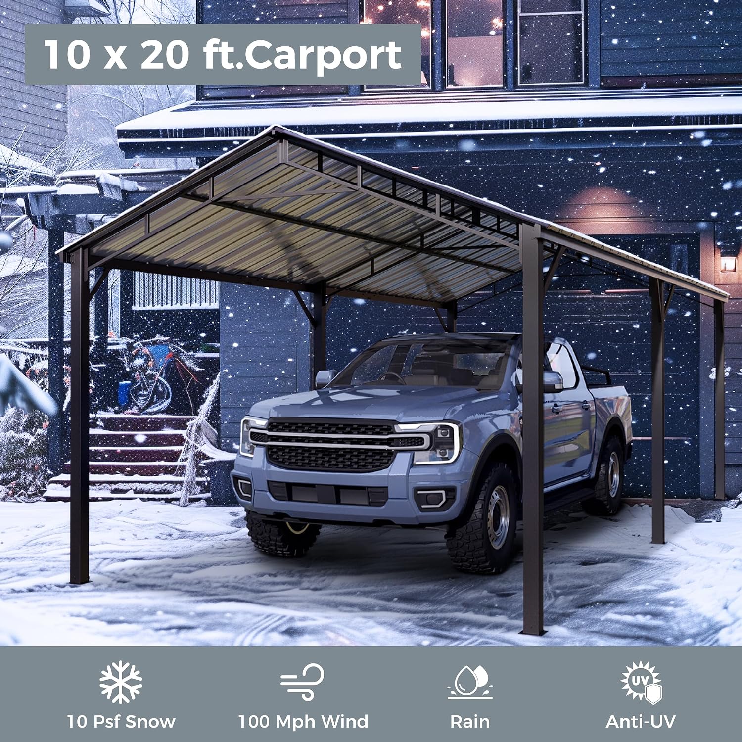 GREEN PARTY 10 x 20 ft Metal Carport Kits with Galvanized Steel Roof, Heavy Duty Metal Carport Canopy, Outdoor Car Tent Metal Garage Shelter for Car, SUV, Truck and Boats, Grey