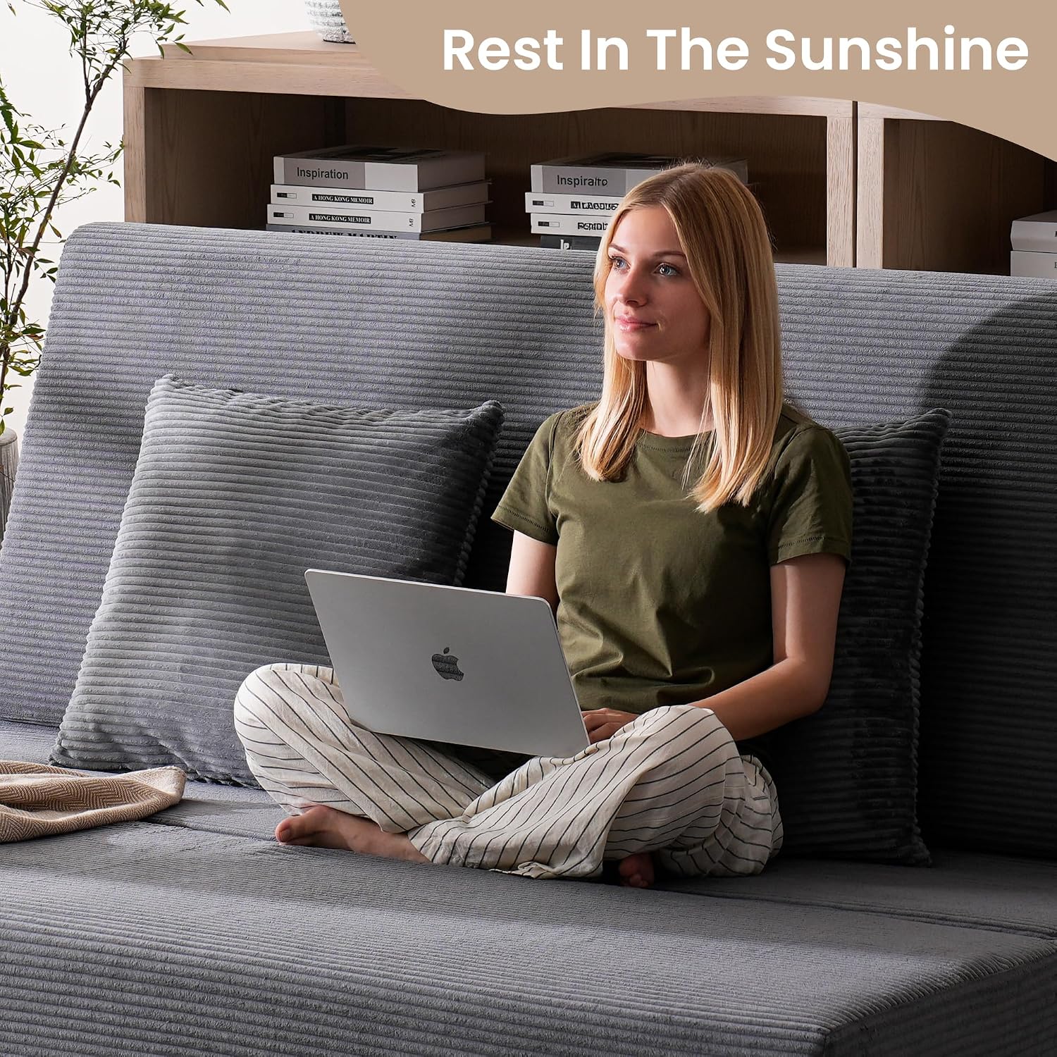 Folding Sofa Bed, Convertible Sleeper Chair with Pillows, High Support Memory Foam & Soft Corduroy Fbric, Comfy Couch Bed, Floor Loveseat Couch for Living Room, Apartment, Guest Room,Grey