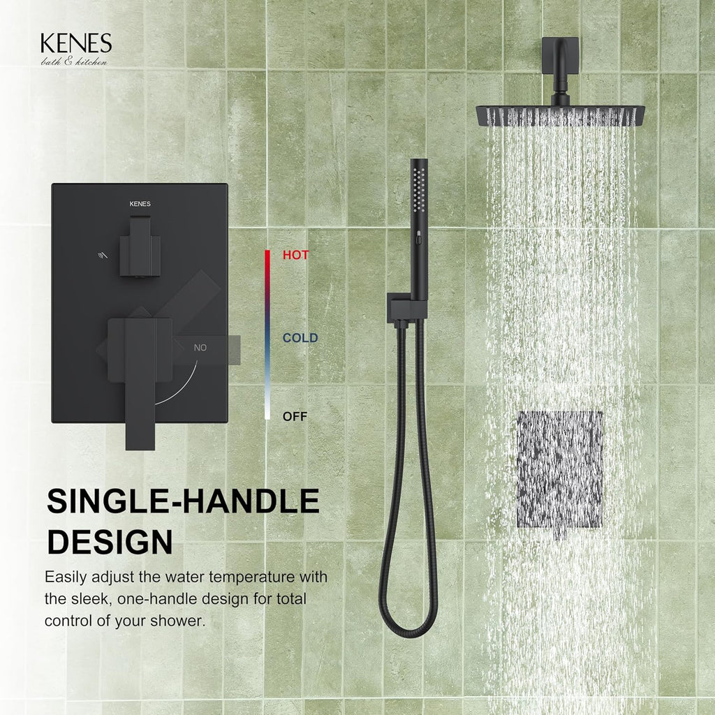 KENES Matte Black Rainfall Bathroom Shower System Rain Shower Head and Handle Set, Shower Faucet Set with 10-Inch Rain Showerhead and Handheld Spray, (Shower Valve Included), LJ-6026A-2