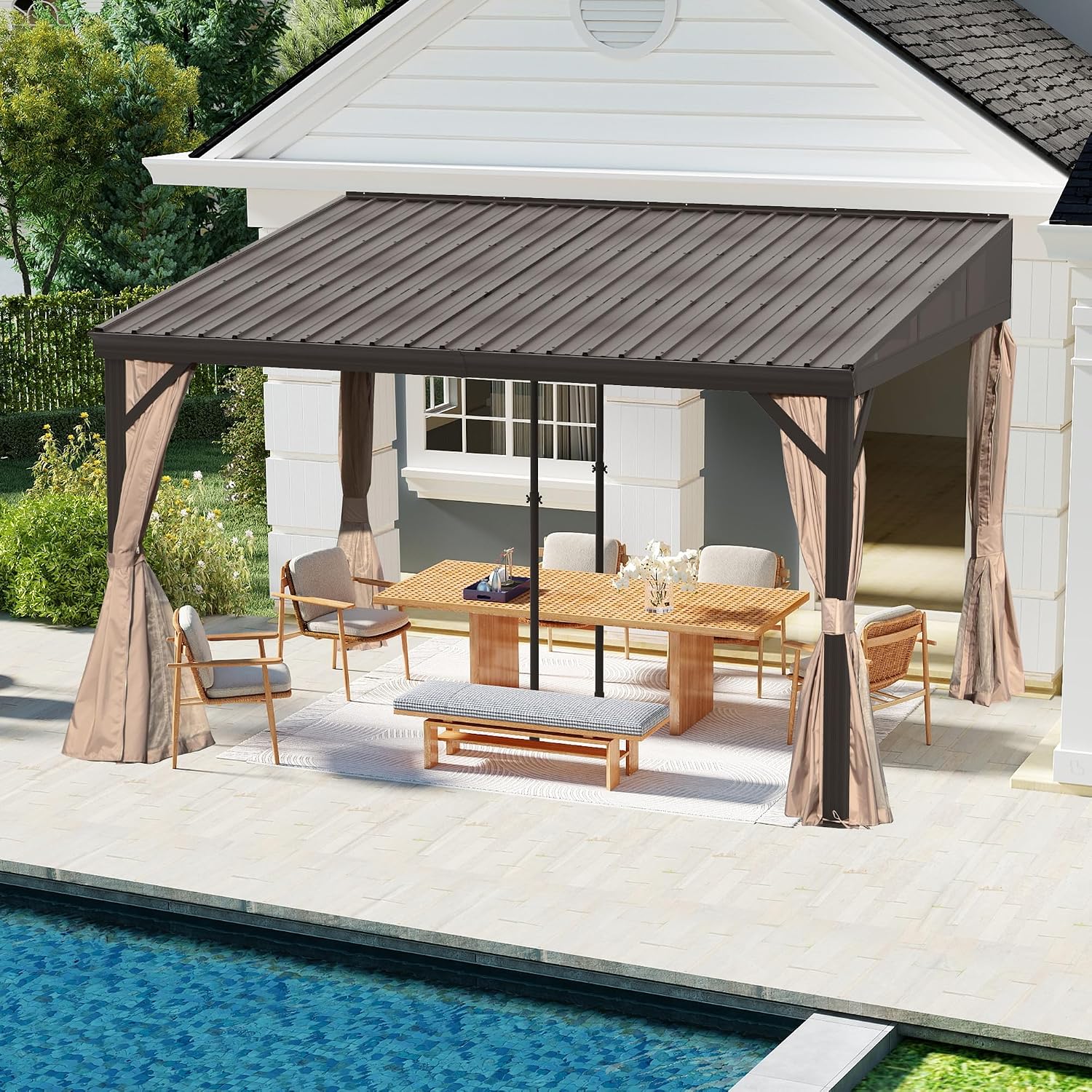DOMI 10x12FT Lean to Gazebo with Aluminum Frame, Outdoor Hardtop Wall Mounted Gazebo with Sloping Galvanized Steel Roof, Netting Curtain for Deck, Porch, Backyard