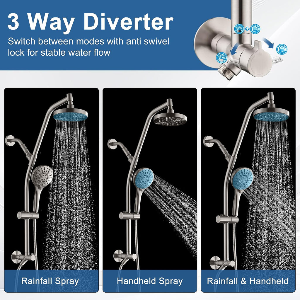 BRIGHT SHOWERS Rain Shower Head with Handheld Combo, Dual Shower System with Slide Bar, Rain Shower System, Adjustable Height, Brass Slide Bar & Diverter, 60 Inch Stainless Steel Hose, Brushed Nickel