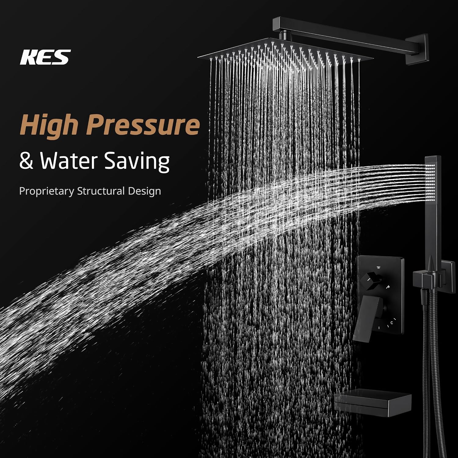 KES Shower System with Tub Spout, Matte Black Shower Faucet Set Complete 10 Inch Rain Shower Head with Handheld Spray and Waterfall Bathtub, cUPC Pressure Balance Shower Valve Trim Kit, XB6305F18-BK