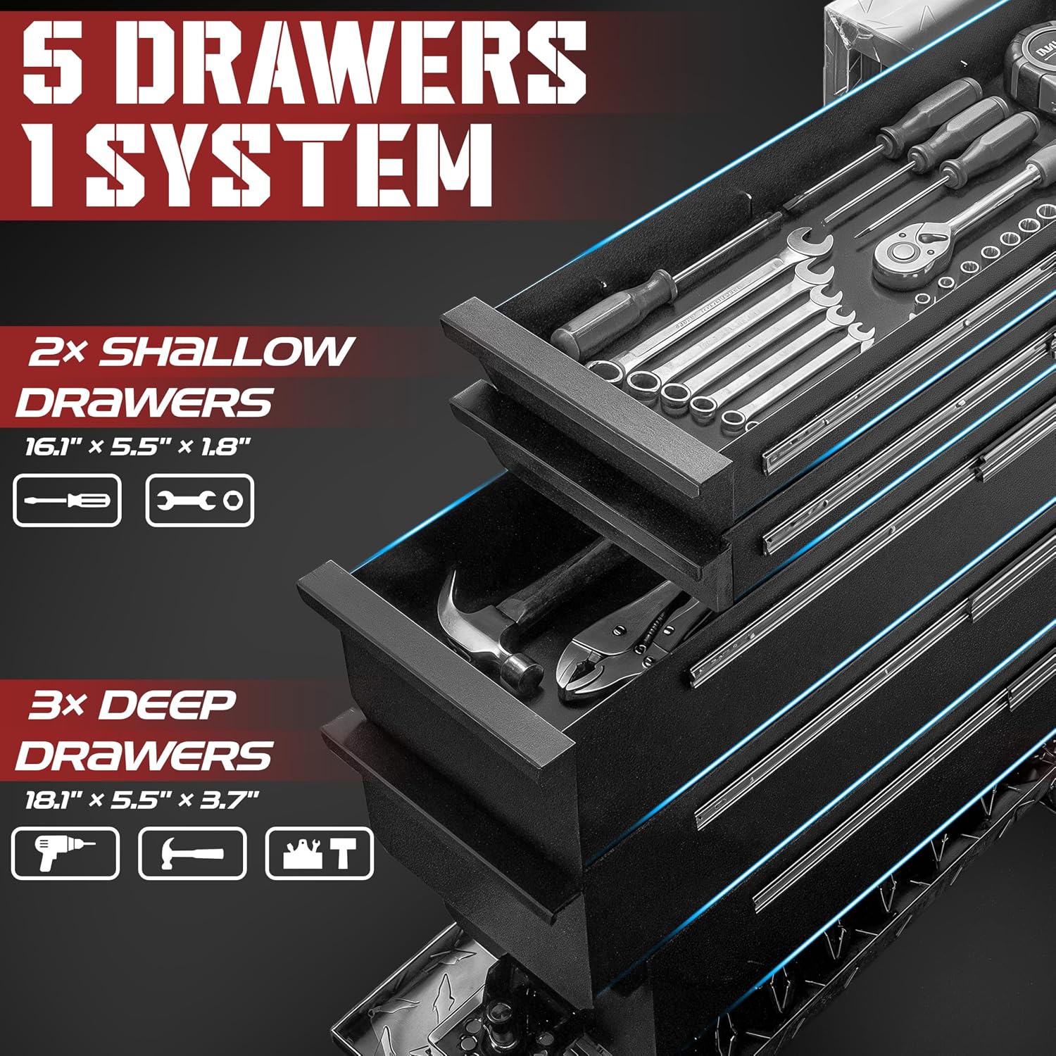 Truck Bed Tool Box with 5-Drawer Slides | Lockable Heavy-Duty Tool Chest Storage for Pickup, Jobsite & Side Trucks | 8-Inch Toolbox with Key (Silver Aluminum - T Handle)