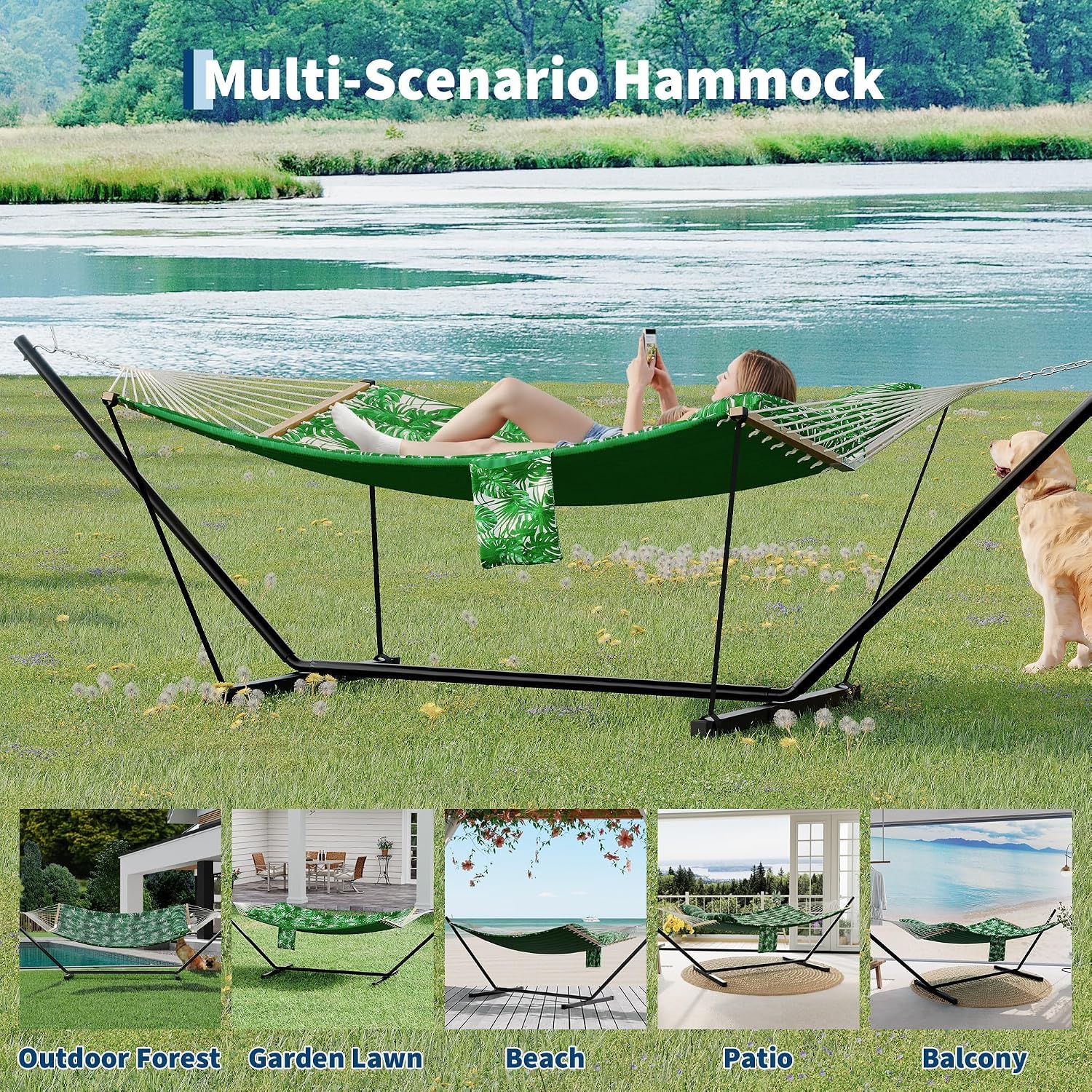 GarveeHome Portable 2 Person Double Hammock with Sturdy Heavy-Duty Steel Stand – 450LBS Max Load, Quick & Effortless Assembly, Perfect for Indoor Living, Yard, Patio & Camping Trips