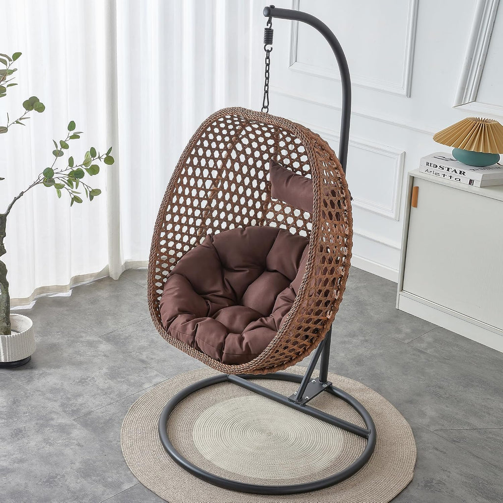 Swining Egg Chair with Stand,Wicker Rattan Hanging Egg Chairs, Patio Swing with UV Resistant Cushion, Outdoor Indoor Hanging with Foldable Basket & Metal Stand for Bedroom (Brown-S)
