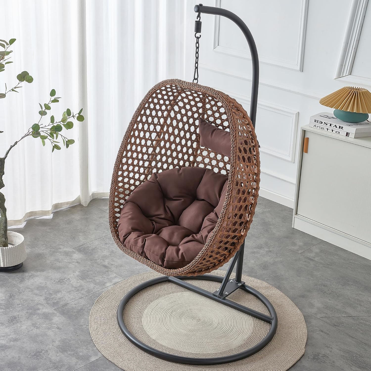Swining Egg Chair with Stand,Wicker Rattan Hanging Egg Chairs, Patio Swing with UV Resistant Cushion, Outdoor Indoor Hanging with Foldable Basket & Metal Stand for Bedroom (Brown-S)