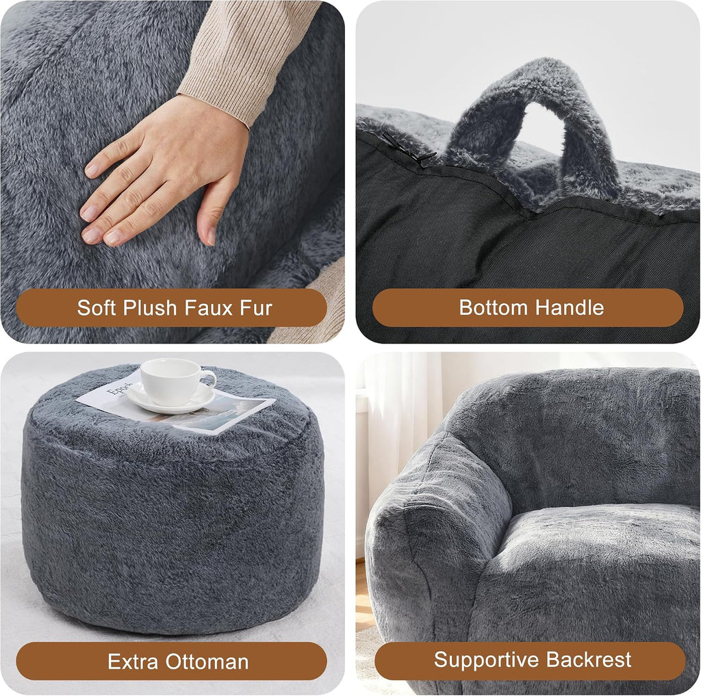 Giant Bean Bag Chair for Adults, Large Memory Foam BeanBag Chairs, Oversized Bean Bag Sofa with Filler, Faux Fur Big Reading Chair Comfy Floor Sofa Chair (Grey, Single with Ottoman)