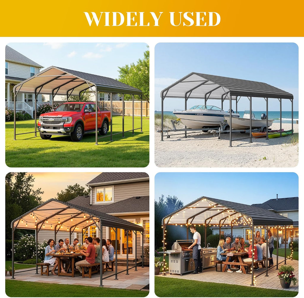 12x20FT Metal Carport, Heavy Duty Carport Canopy with Reinforced Frame and Base for All-Weather, Outdoor Garage Car Port for Pickup Trucks, Boats, Tractors or Party