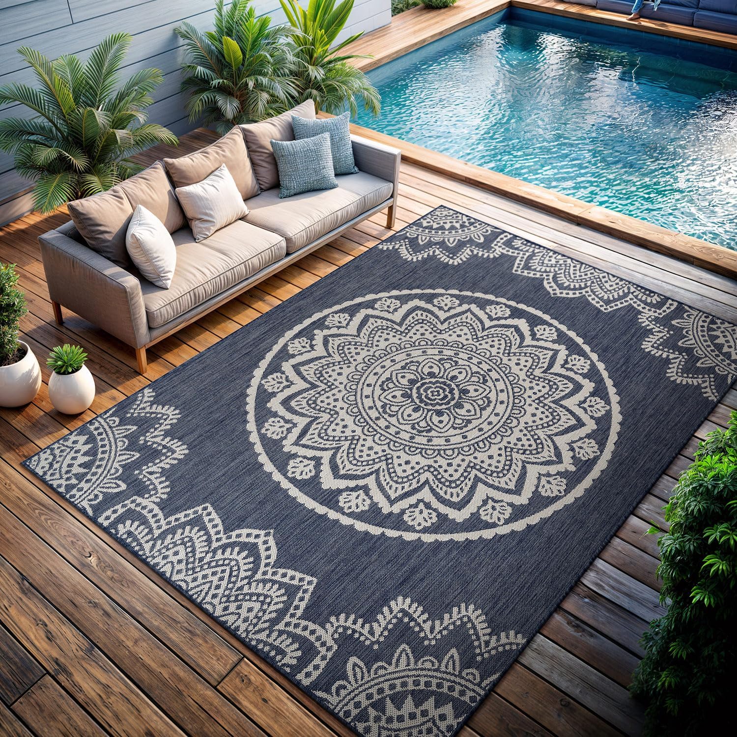 CAMILSON Outdoor Rug 8x10 Modern Area Rugs for Indoor and Outdoor Patios and Porches - Waterproof, Washable, Non-Shedding, Easy-to-Clean Outside Carpet (8 x 10, Medallion - Blue/White)