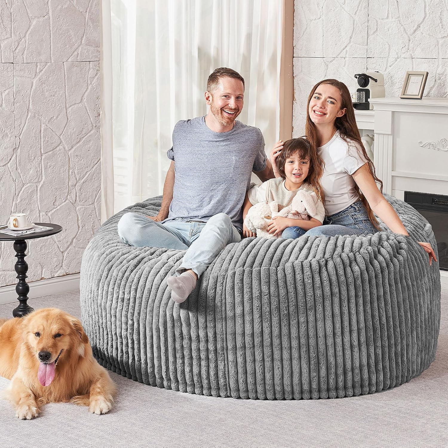 HABUTWAY 5FT Bean Bag Chair, 5' Large Bean Bag Chairs for Adults with Removable Stripe Plush Cover, Memory Foam Beanbag Chair for Living Room Bedroom Dorm (Grey)