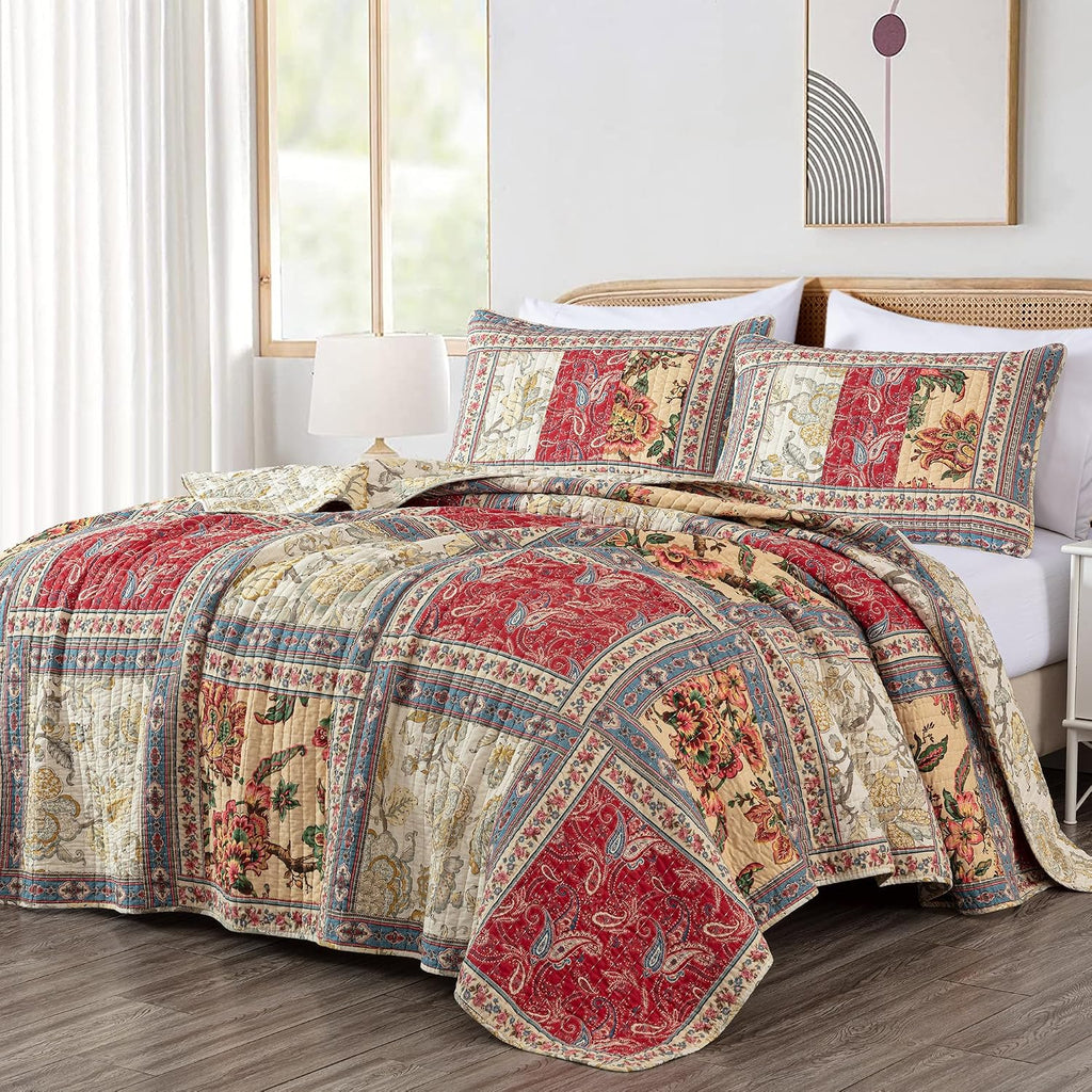 Chezmoi Collection Bambi 3-Piece Washed Patchwork Cotton Quilt Set - Soft Lightweight Breathable Reversible Floral Quilted Bedspread for All Seasons. King Size