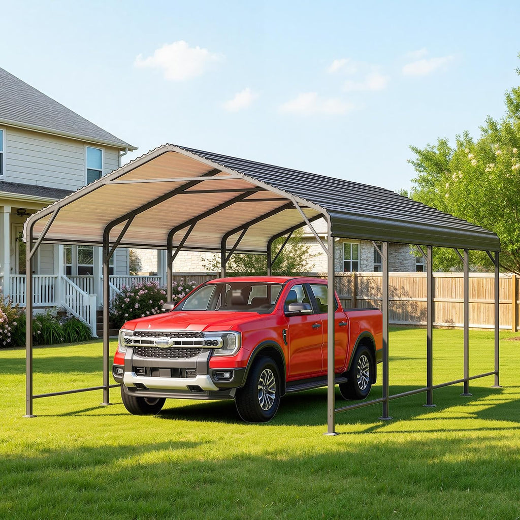 12x20FT Metal Carport, Heavy Duty Carport Canopy with Reinforced Frame and Base for All-Weather, Outdoor Garage Car Port for Pickup Trucks, Boats, Tractors or Party