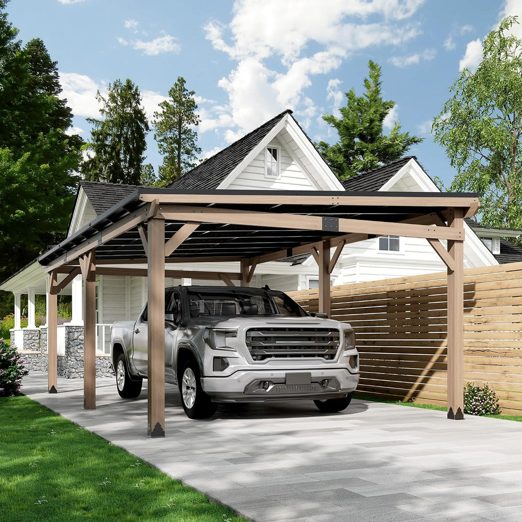 12x20FT Wall Mounted Gazebo Ceder Wood Lean to Gazebo with Sloping Roof Outdoor Hardtop Pergola Awnings with Galvanized Steel Roof for Patio, Deck, Backyard