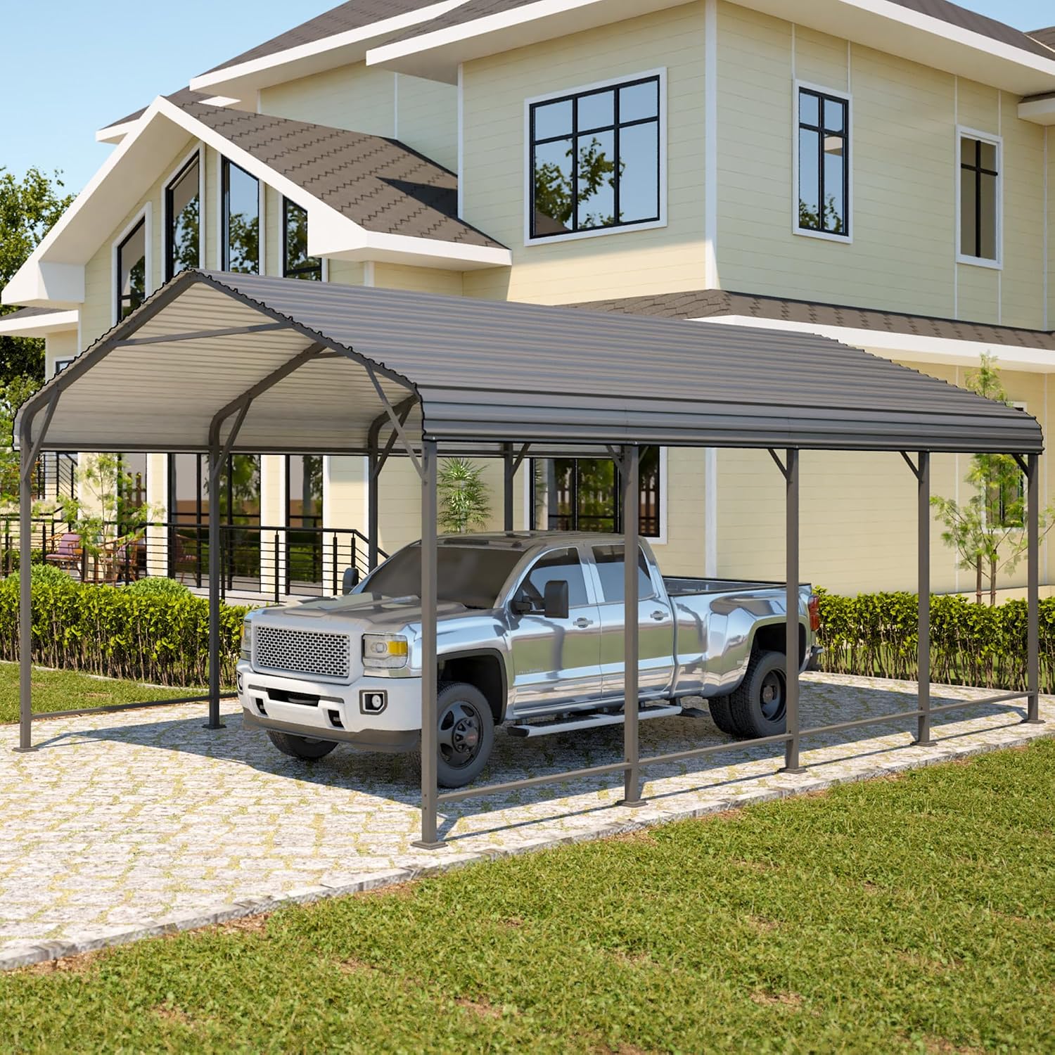 Wisteria Lane 12x20FT Metal Carport, Heavy Duty Carport Canopy with Reinforced Frame and Base for All-Weather, Outdoor Garage Car Port for Boats, Tractors, Pickup Trucks or Party, Dark Gray