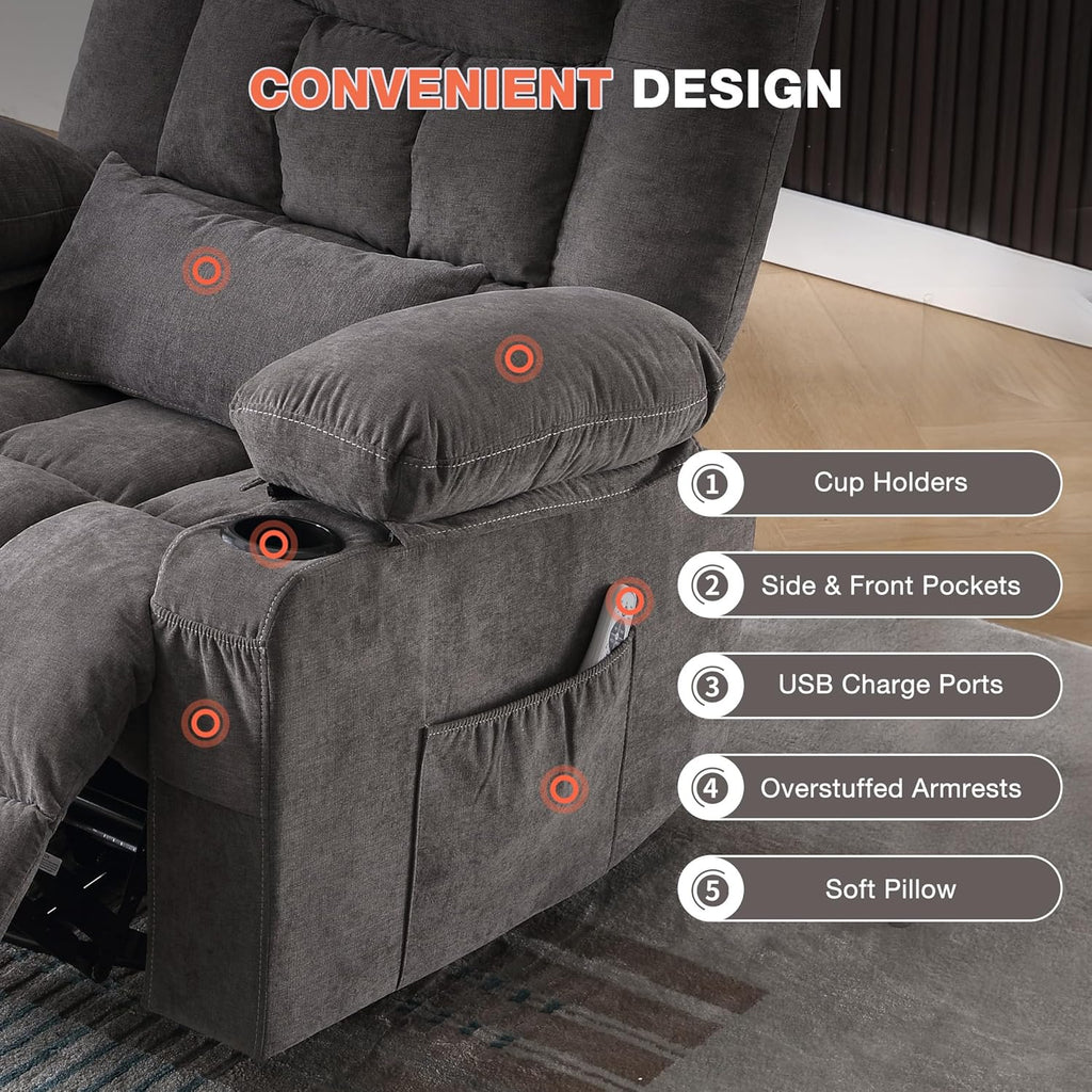 Massage Swivel Recliner Chair with Vibration Massage and Lumbar Heating for Adults,Oversized Rocker Recliner Single Sofa with Side Pocket,Two Cup Holders and USB Charge Port for Living Room