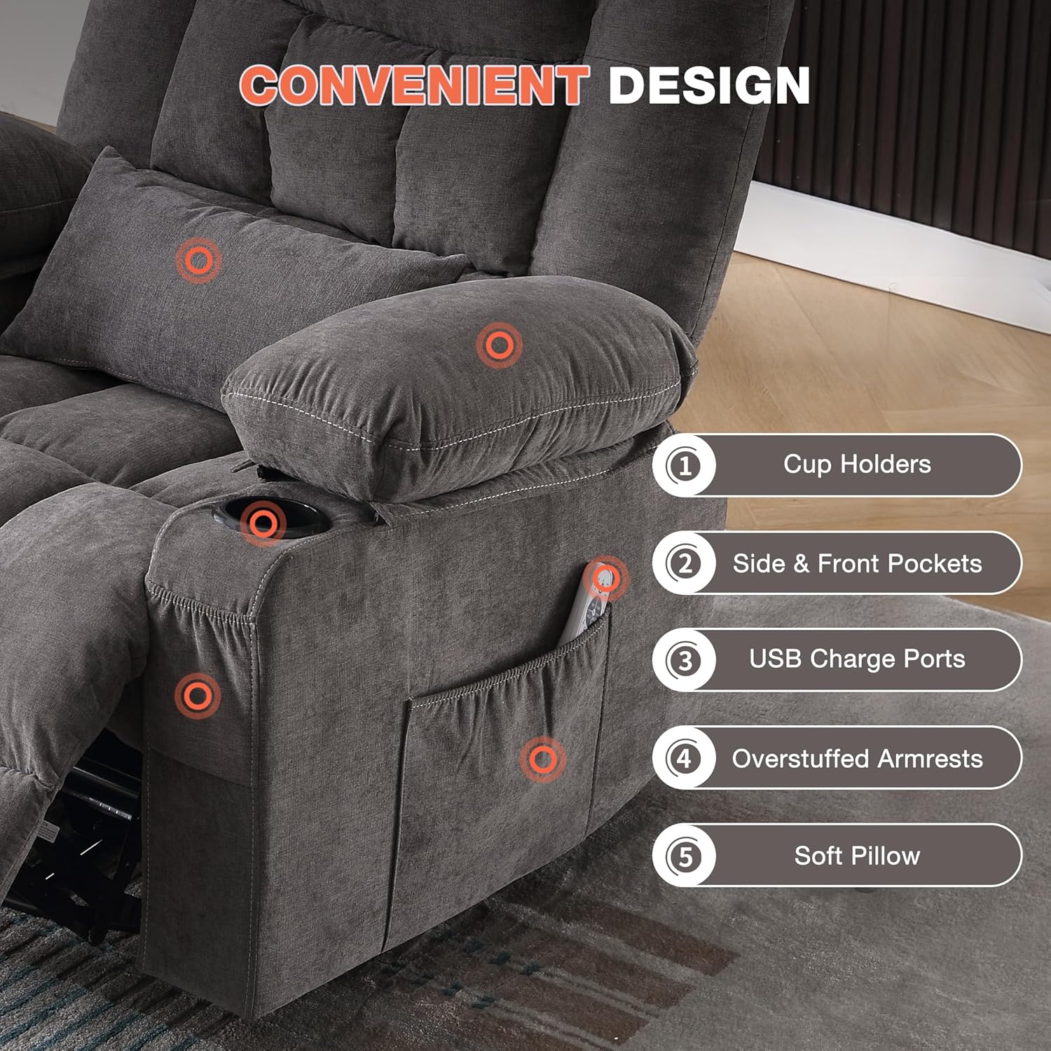 Massage Swivel Recliner Chair with Vibration Massage and Lumbar Heating for Adults,Oversized Rocker Recliner Single Sofa with Side Pocket,Two Cup Holders and USB Charge Port for Living Room