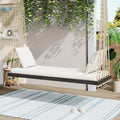 Merax Outdoor Patio Wooden Swing Chair, 2-Seat Hanging Porch Hammock Bench with Cushion & Pillows, 10.8Ft Hemp Ropes for Garden, Backyard, Lawn, Brown