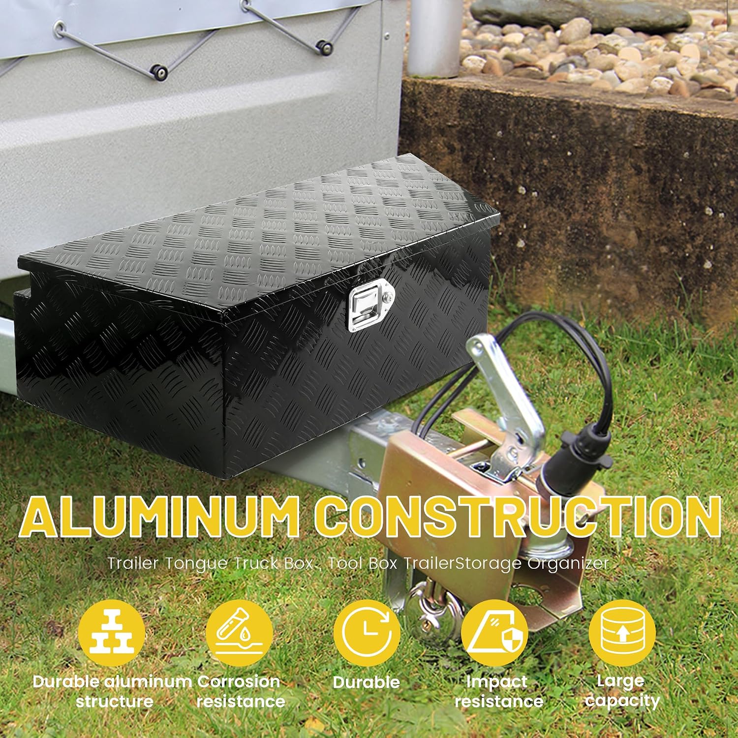 39 Inch Trailer Tongue Tool Box, Aluminum Trailer Tool Box with Lock and 2 Keys, 39' x 16.5' x 12' Heavy Duty Trailer Storage Box for Pickup Truck Bed, Black
