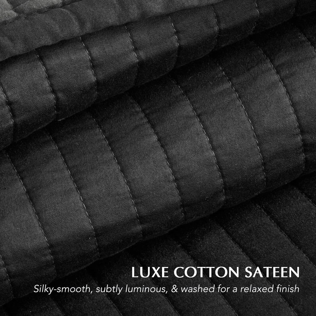 EVERGRACEHOME Cotton Sateen Quilt Set King Size, Pre-Washed Cotton Channel Stitch Coverlet Bedspread, 3 Pieces Lightweight Soft Bedding Sets for All Season, with 2 Pillow Shams, Washed Black