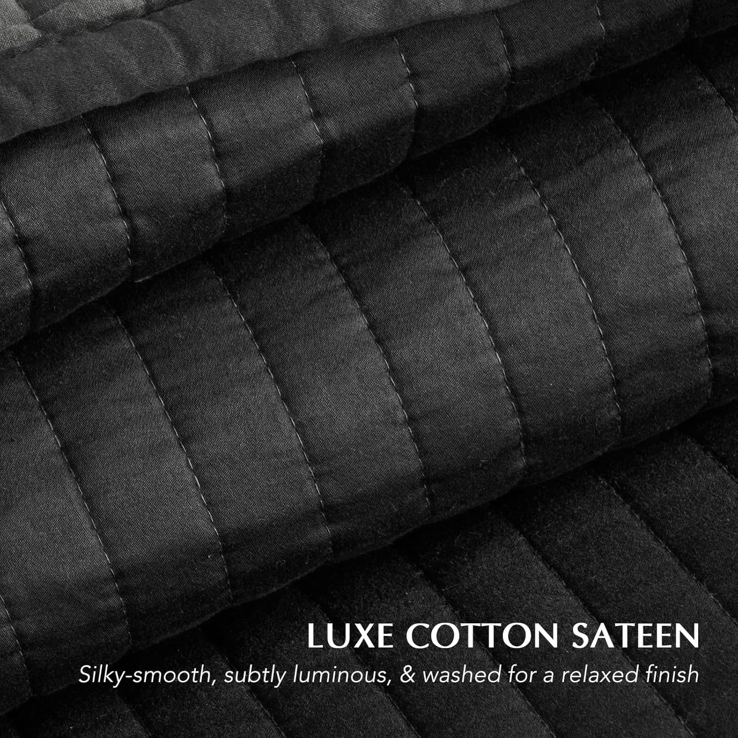 EVERGRACEHOME Cotton Sateen Quilt Set King Size, Pre-Washed Cotton Channel Stitch Coverlet Bedspread, 3 Pieces Lightweight Soft Bedding Sets for All Season, with 2 Pillow Shams, Washed Black