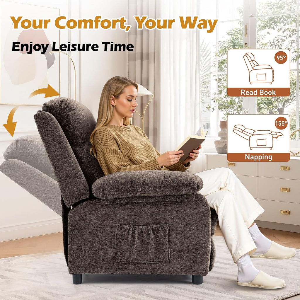 Korser Recliner Chair, Living Room Chairs for Adults, Padded Deep Seat Reading Chair with Side Pockets, Small Recliners for Small Spaces, Lounge Chair for Living Room, Bedroom, and RV (Chenille)