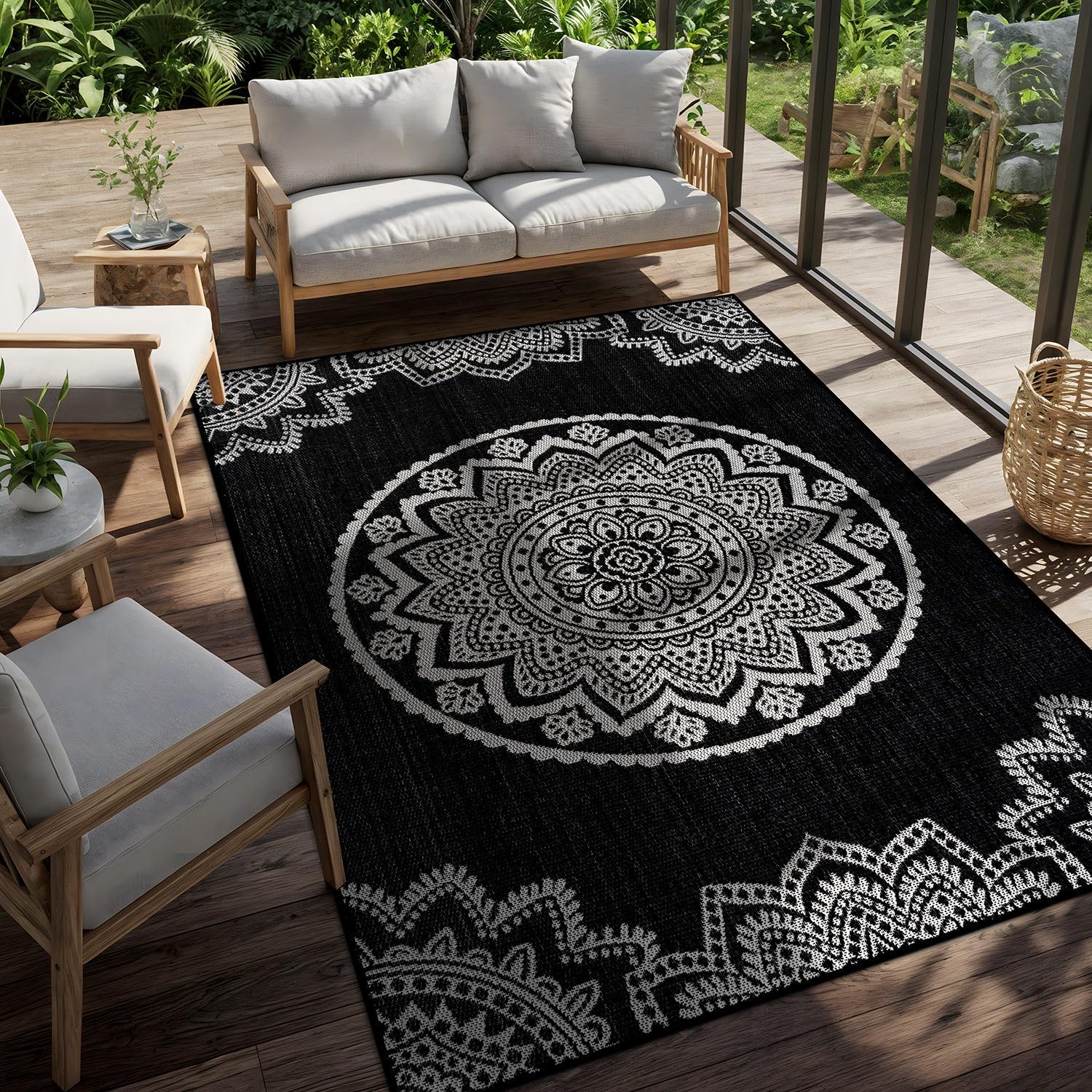 CAMILSON Outdoor Rug 8x10 Modern Area Rugs for Indoor and Outdoor Patios and Porches - Waterproof Washable Non-Shedding Easy-to-Clean Outside Carpet (8 x 10 Medallion - Black/White)