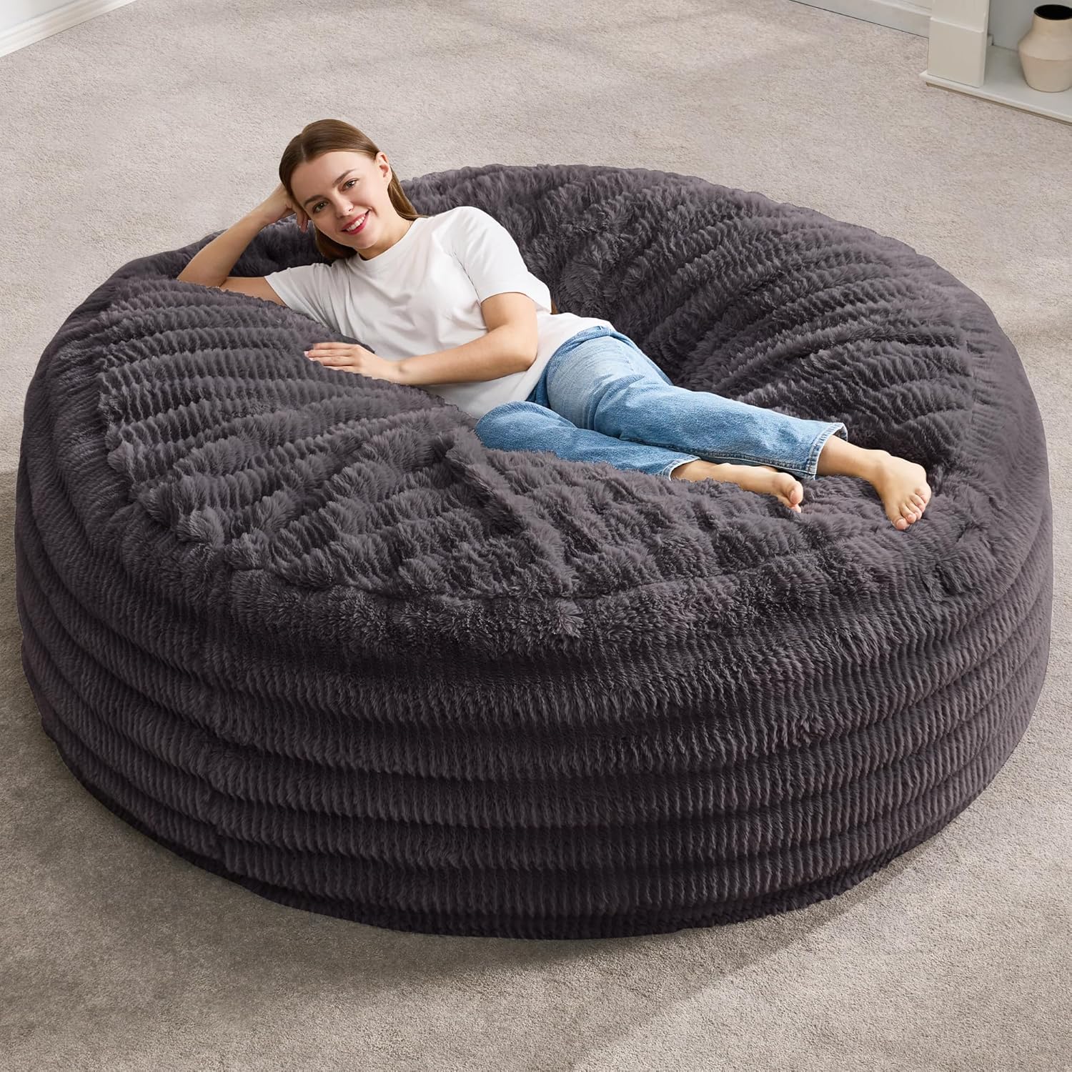 Hobestluk Bean Bag Chairs Beanbag Chair with Filler Adult Bean Bags with Fluffy Ripple Cover, Giant Bean Bag Chairs for Adults (Dark Grey, 5FT - 50' x 50' x 24')